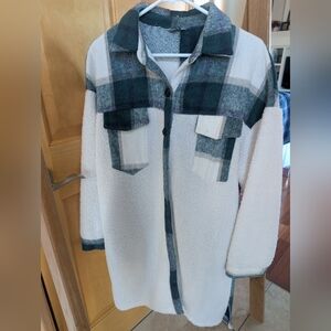 White and Green Long Plaid Teddy Jacket Shacket